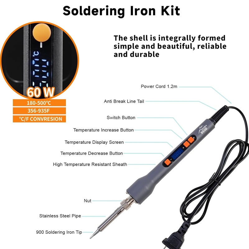 ldmdsz 60W Digital Soldering Iron Heat Set Insert Tool Kit, Adjustable Temp 180-500℃ LCD Display, Extra Heat-Set Insert Tips, Threaded Inserts for Plastic & 3D Printing, Brass Inserts Hardware Set - Image 3
